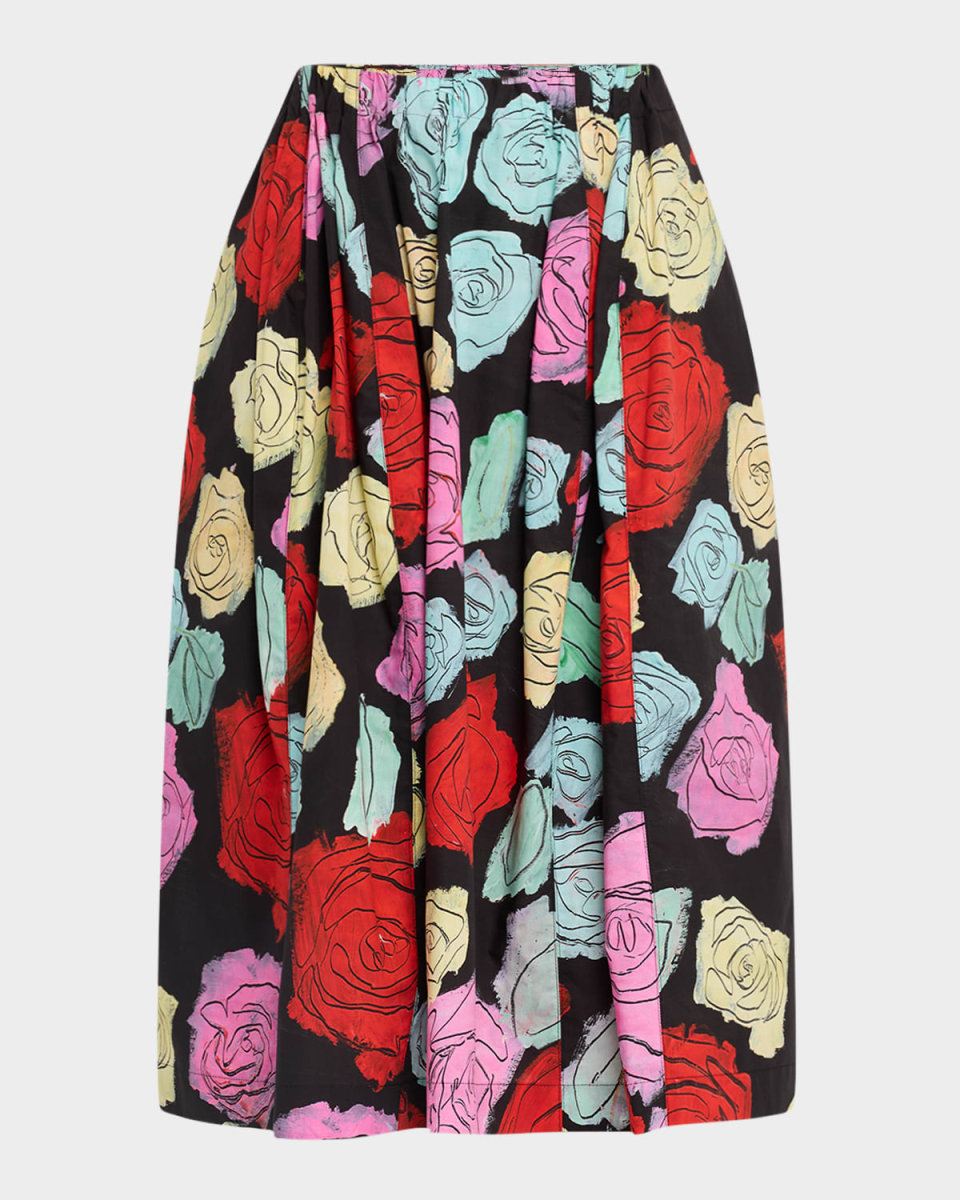 Rose Scribble-Print Paneled Pull-On Midi Skirt